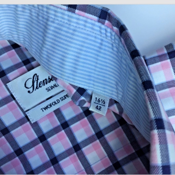 Stenstroms slimline  grey & pink checkered 2 fold cotton dress shirt Sz 16.5/42 - Picture 4 of 11